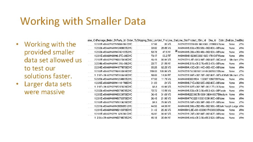 Working with Smaller Data • Working with the provided smaller data set allowed us