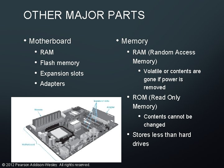 OTHER MAJOR PARTS • Motherboard • • RAM • Memory • Flash memory RAM