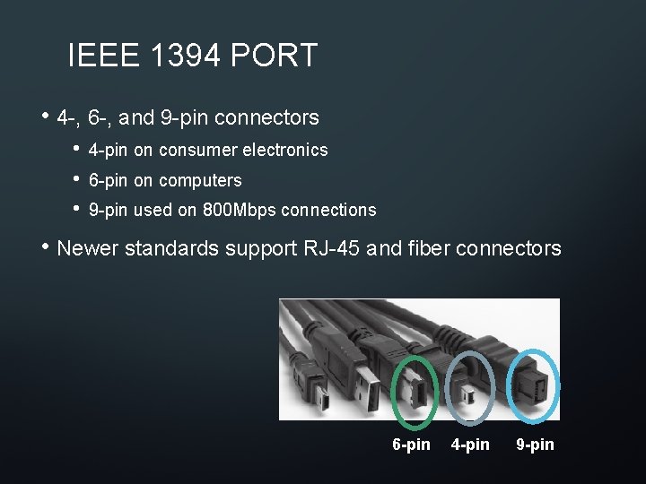 IEEE 1394 PORT • 4 -, 6 -, and 9 -pin connectors • •