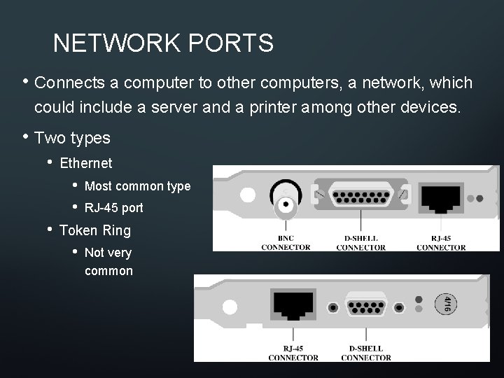 NETWORK PORTS • Connects a computer to other computers, a network, which could include