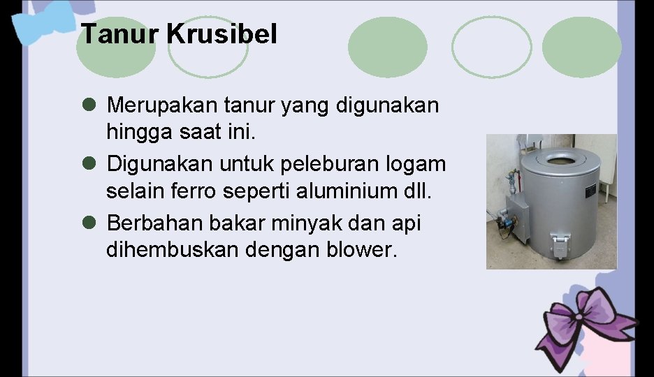 Tanur Krusibel l Merupakan tanur yang digunakan hingga saat ini. l Digunakan untuk peleburan