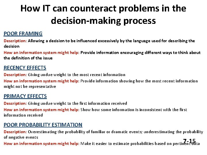 How IT can counteract problems in the decision-making process POOR FRAMING Description: Allowing a