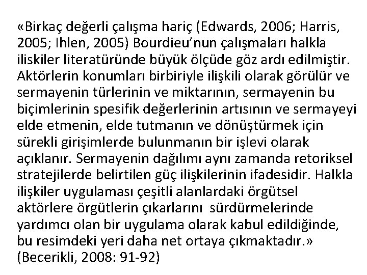  «Birkaç değerli çalışma hariç (Edwards, 2006; Harris, 2005; Ihlen, 2005) Bourdieu’nun çalışmaları halkla