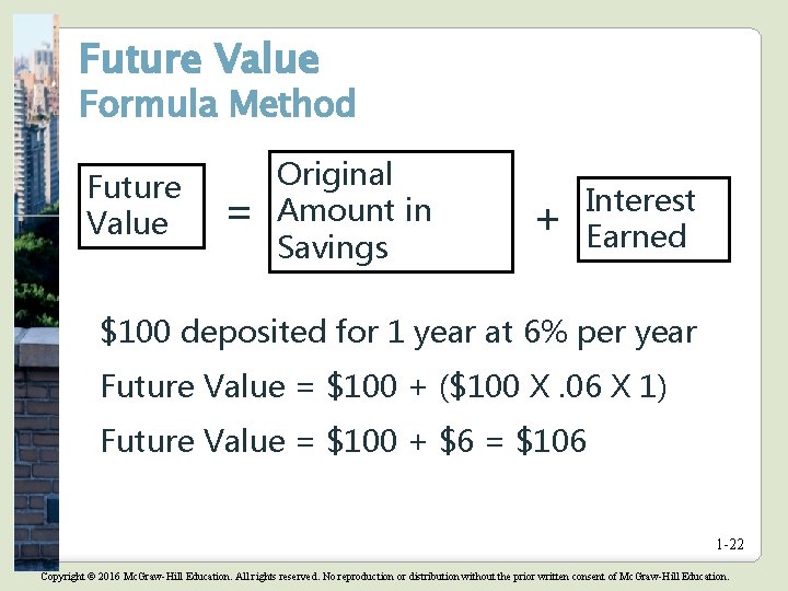 Future Value Formula Method Future Value = Original Amount in Savings + Interest Earned Future Value Formula Method Future Value = Original Amount in Savings + Interest Earned