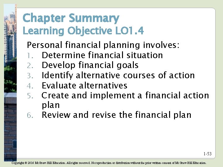 Chapter Summary Learning Objective LO 1. 4 Personal financial planning involves: 1. Determine financial Chapter Summary Learning Objective LO 1. 4 Personal financial planning involves: 1. Determine financial
