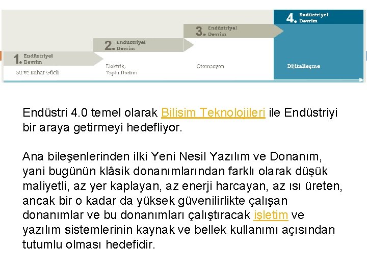 Endüstri 4. 0 temel olarak Bilişim Teknolojileri ile Endüstriyi bir araya getirmeyi hedefliyor. Ana