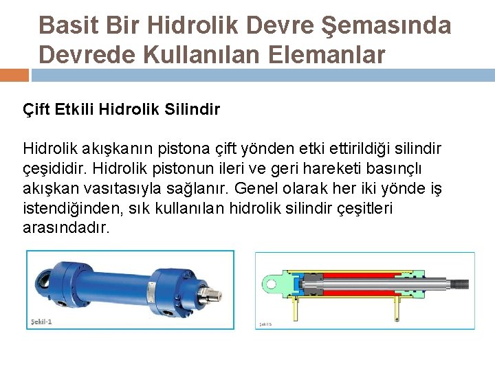 Basit Bir Hidrolik Devre Şemasında Devrede Kullanılan Elemanlar Çift Etkili Hidrolik Silindir Hidrolik akışkanın