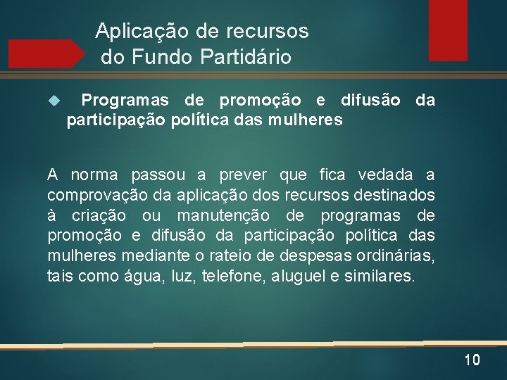 Aplicação de recursos do Fundo Partidário Programas de promoção e difusão da participação política