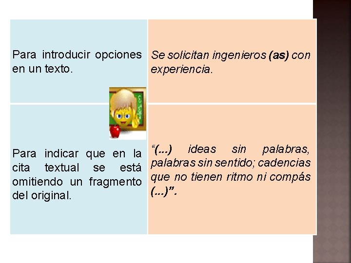 Para introducir opciones Se solicitan ingenieros (as) con en un texto. experiencia. Para indicar