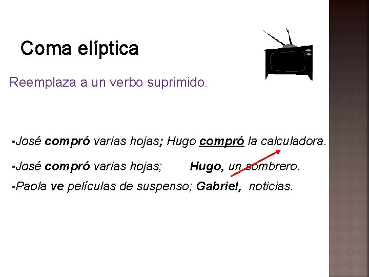 Coma elíptica Reemplaza a un verbo suprimido. José compró varias hojas; Hugo compró la