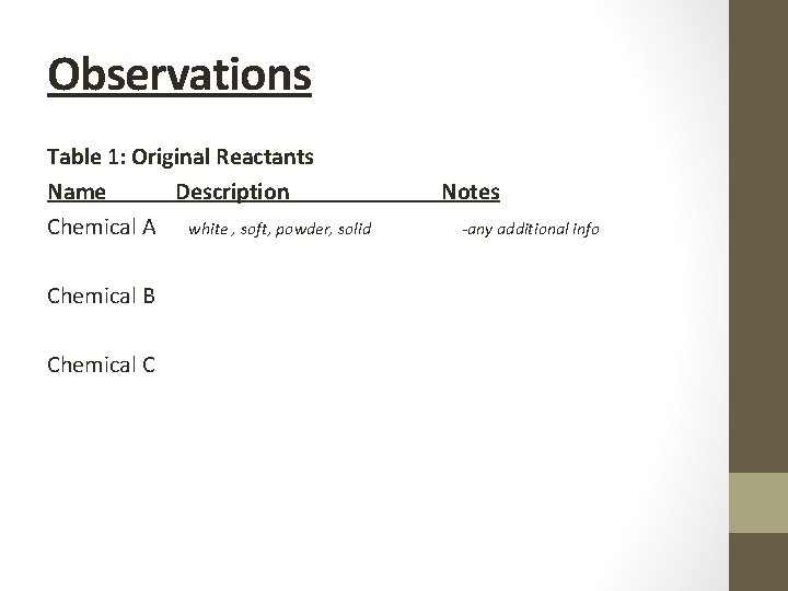 Observations Table 1: Original Reactants Name Description Chemical A white , soft, powder, solid