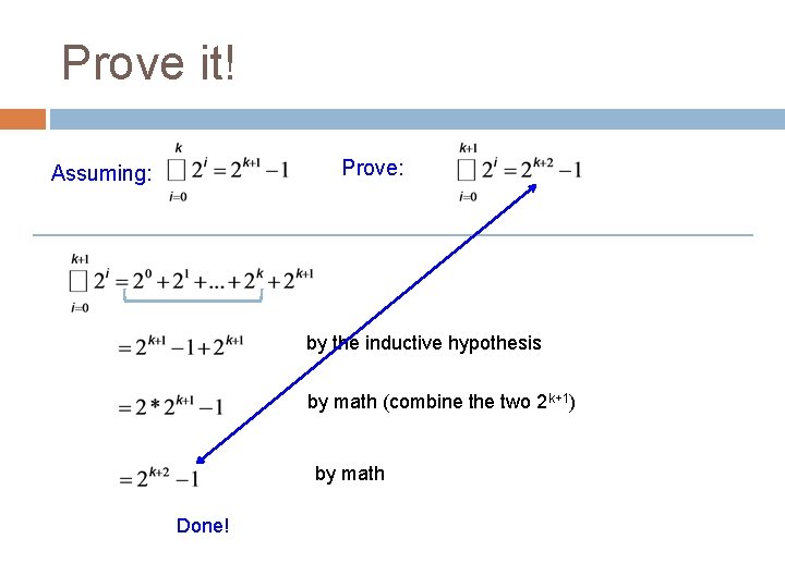 Prove it! Prove: Assuming: by the inductive hypothesis by math (combine the two 2