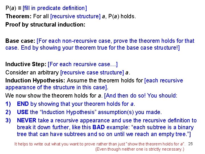 P(a) ≡ [fill in predicate definition] Theorem: For all [recursive structure] a, P(a) holds.