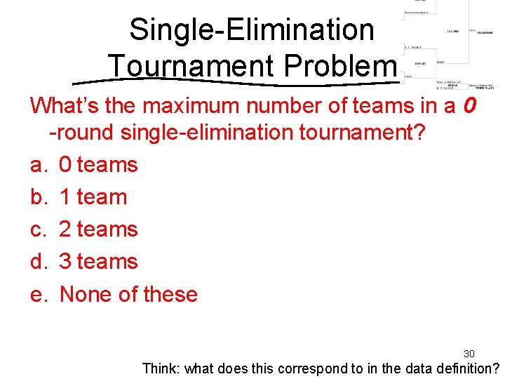 Single-Elimination Tournament Problem What’s the maximum number of teams in a 0 -round single-elimination