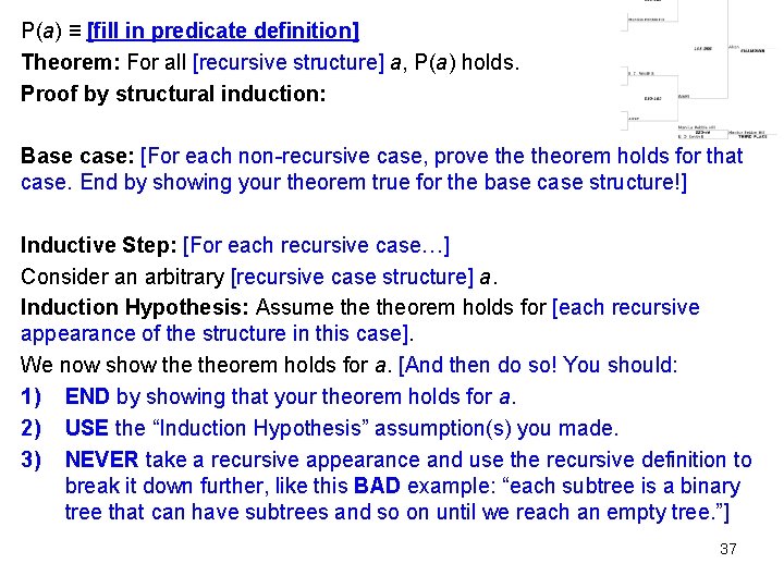 P(a) ≡ [fill in predicate definition] Theorem: For all [recursive structure] a, P(a) holds.