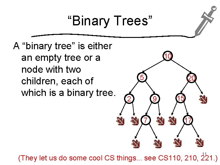 “Binary Trees” A “binary tree” is either an empty tree or a node with