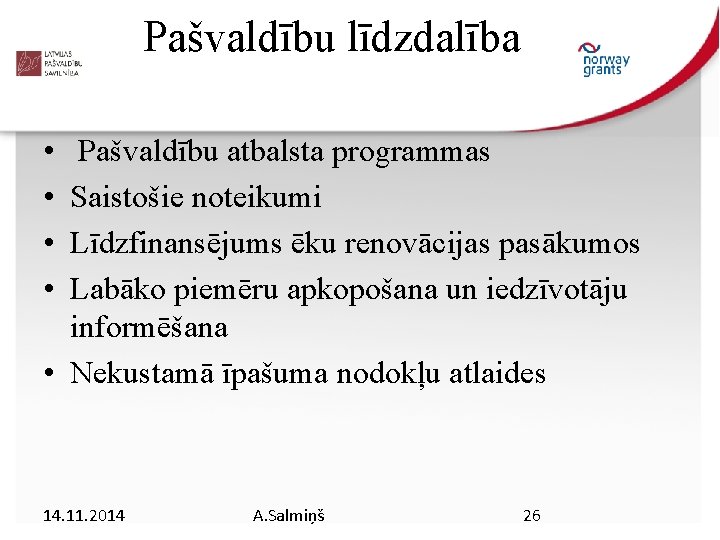 Pašvaldību līdzdalība • • Pašvaldību atbalsta programmas Saistošie noteikumi Līdzfinansējums ēku renovācijas pasākumos Labāko