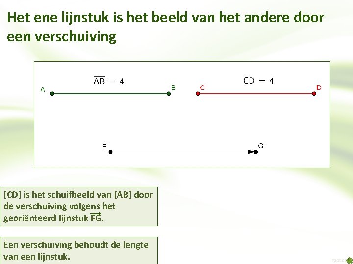 Het ene lijnstuk is het beeld van het andere door een verschuiving [CD] is