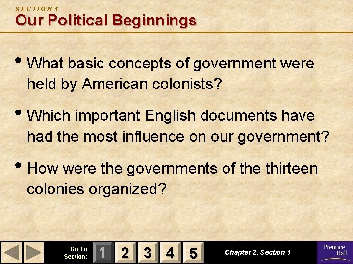 SECTION 1 Our Political Beginnings • What basic concepts of government were held by