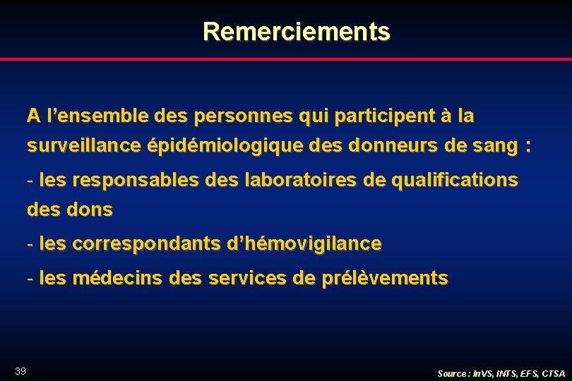 Remerciements A l’ensemble des personnes qui participent à la surveillance épidémiologique des donneurs de