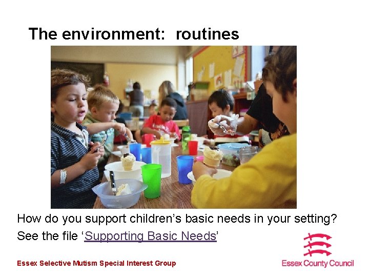 The environment: routines How do you support children’s basic needs in your setting? See