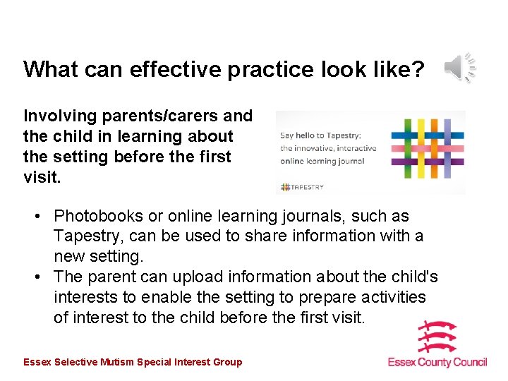 What can effective practice look like? Involving parents/carers and the child in learning about