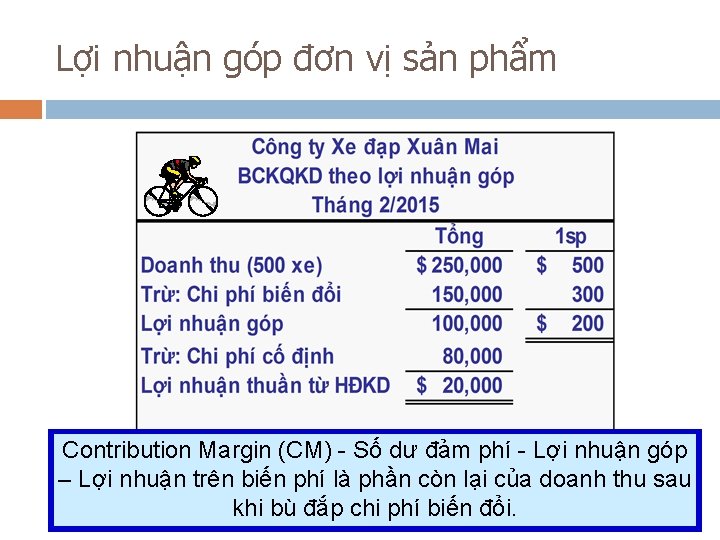 Lợi nhuận góp đơn vị sản phẩm Contribution Margin (CM) - Số dư đảm