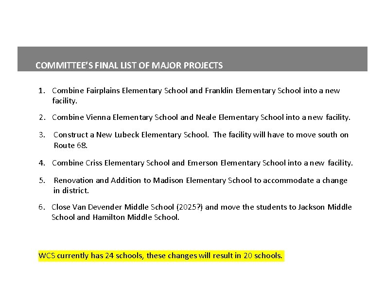 COMMITTEE’S FINAL LIST OF MAJOR PROJECTS 1. Combine Fairplains Elementary School and Franklin Elementary