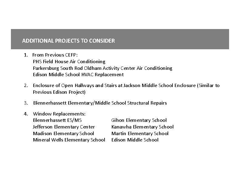 ADDITIONAL PROJECTS TO CONSIDER 1. From Previous CEFP: PHS Field House Air Conditioning Parkersburg