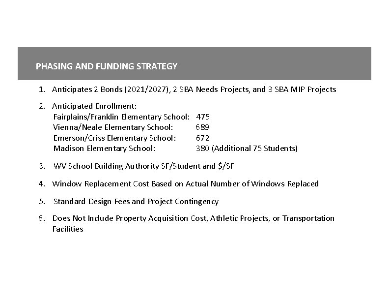 PHASING AND FUNDING STRATEGY 1. Anticipates 2 Bonds (2021/2027), 2 SBA Needs Projects, and