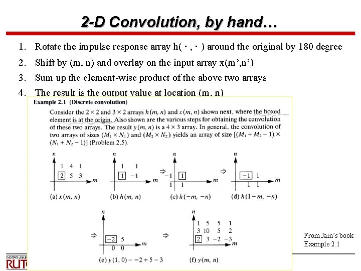 2 -D Convolution, by hand… 1. Rotate the impulse response array h( , )