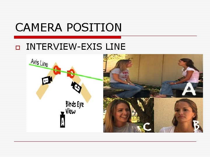 CAMERA POSITION o INTERVIEW-EXIS LINE 