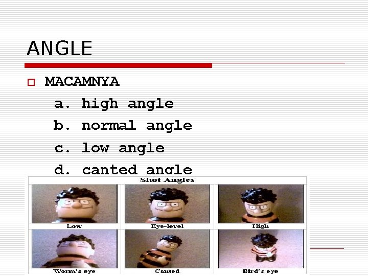 ANGLE o MACAMNYA a. high angle b. normal angle c. low angle d. canted