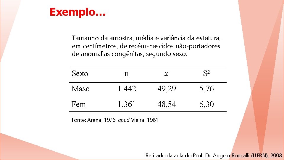 Exemplo… Tamanho da amostra, média e variância da estatura, em centímetros, de recém-nascidos não-portadores