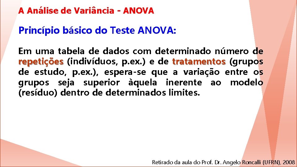 A Análise de Variância - ANOVA Princípio básico do Teste ANOVA: Em uma tabela