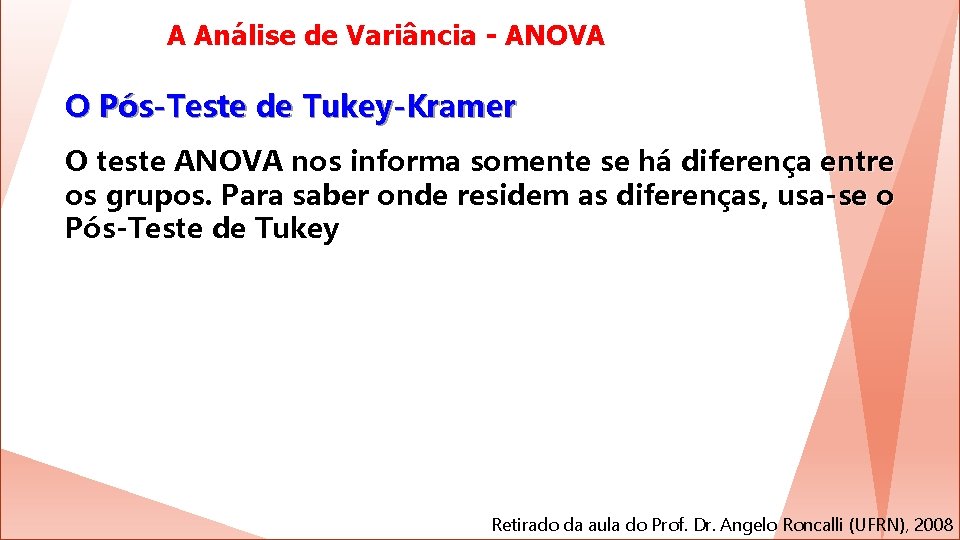 A Análise de Variância - ANOVA O Pós-Teste de Tukey-Kramer O teste ANOVA nos