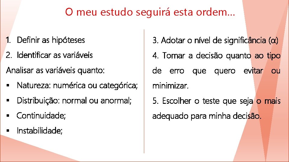 O meu estudo seguirá esta ordem… 1. Definir as hipóteses 3. Adotar o nível