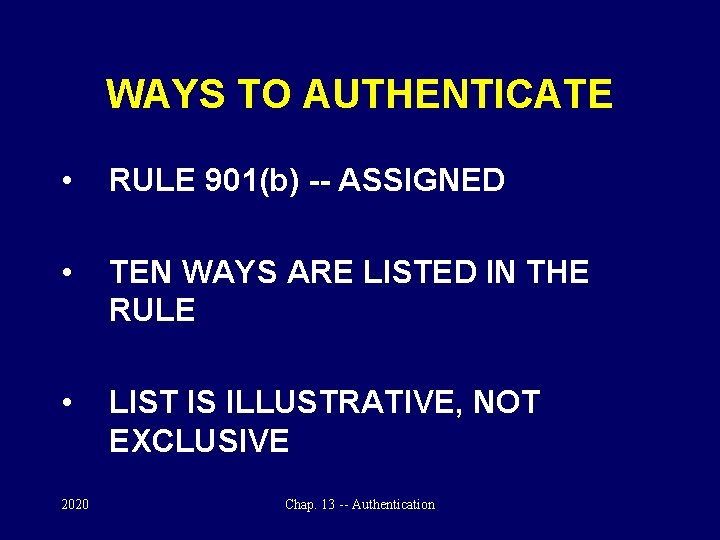 WAYS TO AUTHENTICATE • RULE 901(b) -- ASSIGNED • TEN WAYS ARE LISTED IN