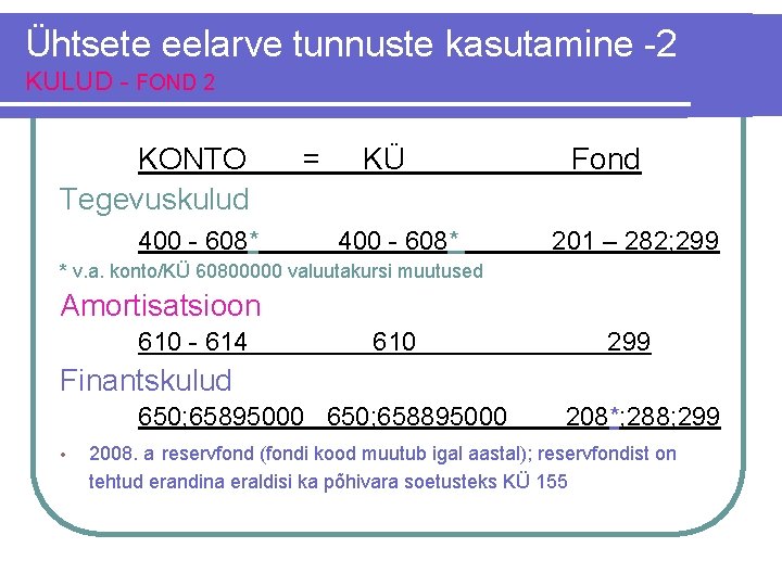 Ühtsete eelarve tunnuste kasutamine -2 KULUD - FOND 2 KONTO Tegevuskulud 400 - 608*