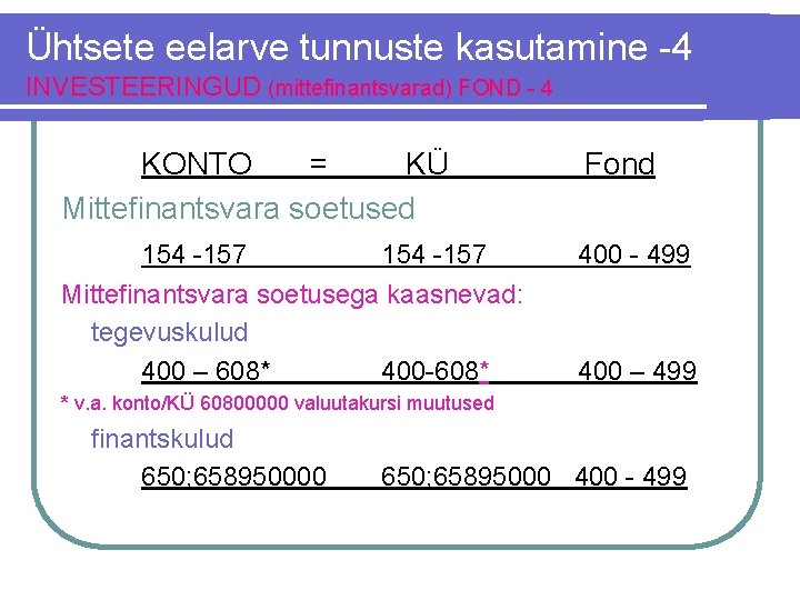 Ühtsete eelarve tunnuste kasutamine -4 INVESTEERINGUD (mittefinantsvarad) FOND - 4 KONTO = KÜ Mittefinantsvara