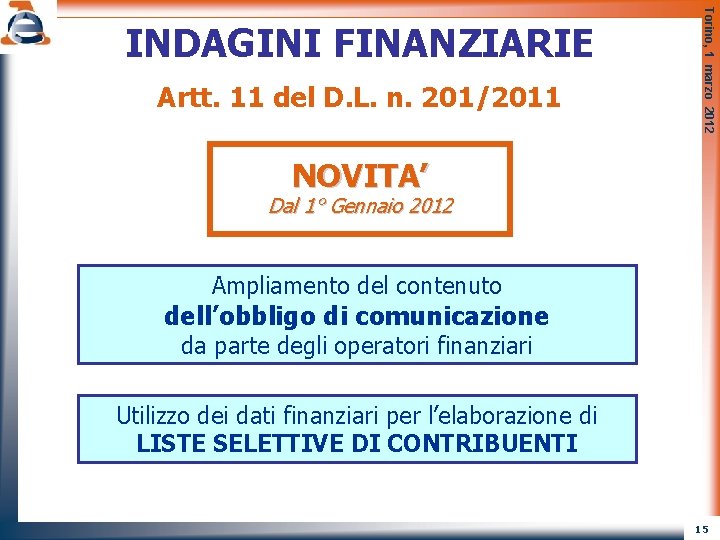 Artt. 11 del D. L. n. 201/2011 Torino, 1 marzo 2012 INDAGINI FINANZIARIE NOVITA’