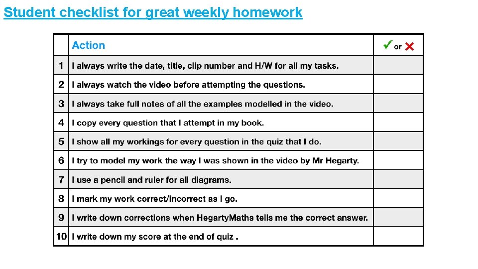 Student checklist for great weekly homework 