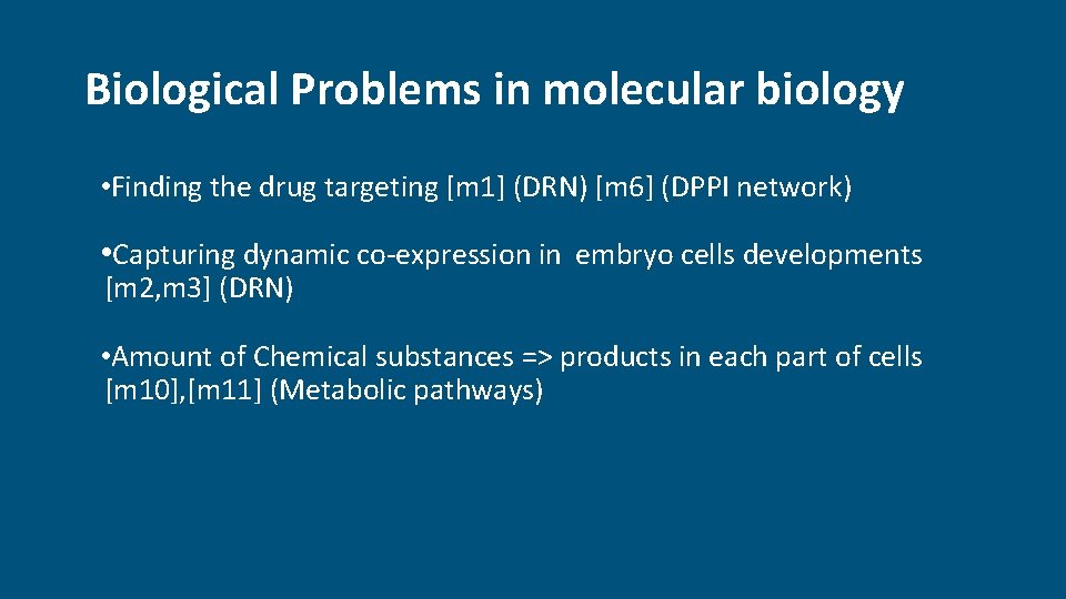 Biological Problems in molecular biology • Finding the drug targeting [m 1] (DRN) [m