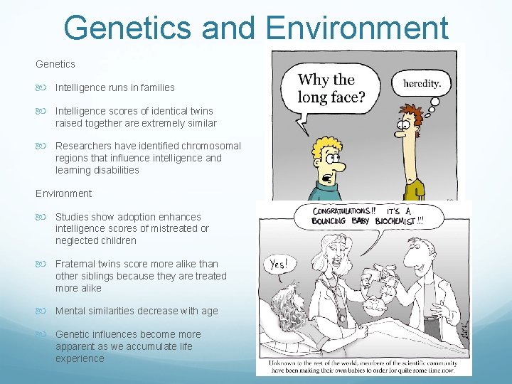 Genetics and Environment Genetics Intelligence runs in families Intelligence scores of identical twins raised