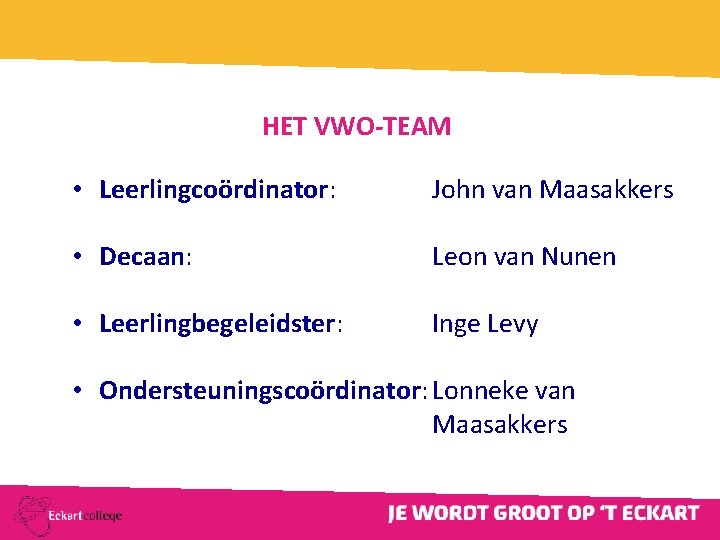 HET VWO-TEAM • Leerlingcoördinator: John van Maasakkers • Decaan: Leon van Nunen • Leerlingbegeleidster: