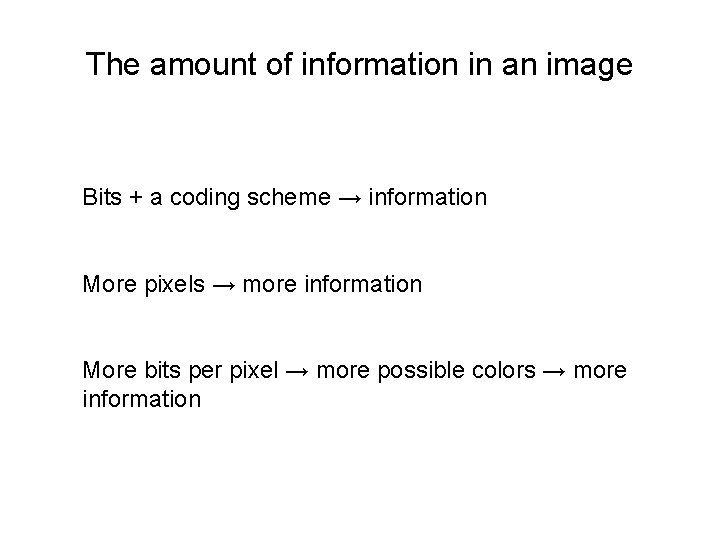 The amount of information in an image Bits + a coding scheme → information