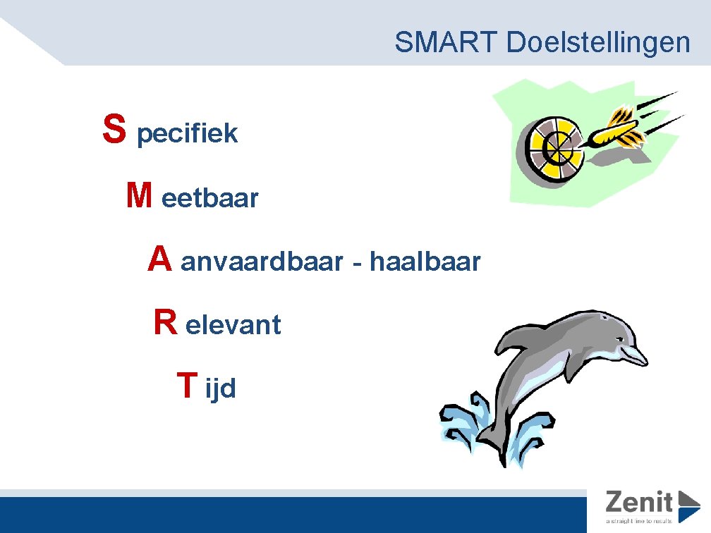 SMART Doelstellingen S pecifiek M eetbaar A anvaardbaar - haalbaar R elevant T ijd