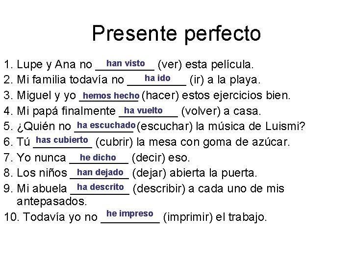 Presente perfecto han visto (ver) esta película. 1. Lupe y Ana no _____ ha