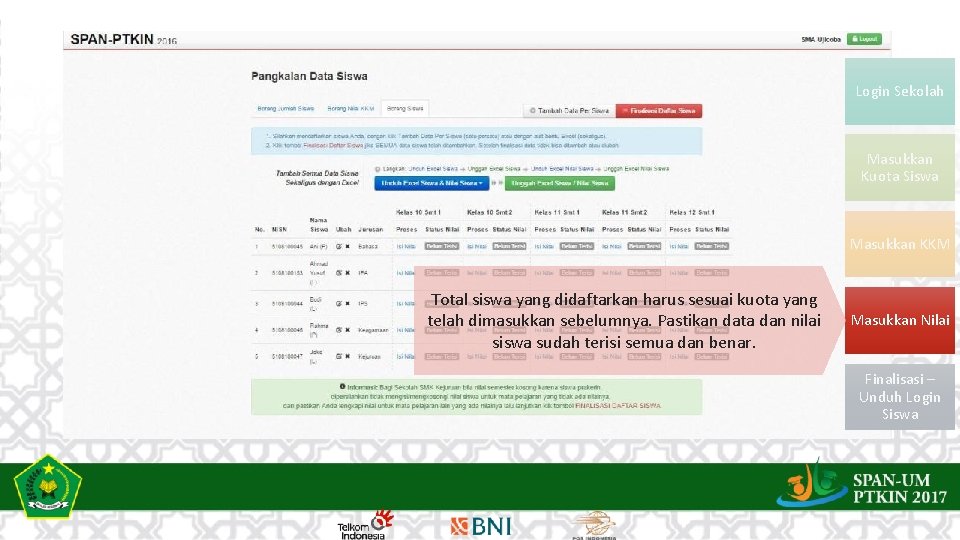 Login Sekolah Masukkan Kuota Siswa Masukkan KKM Total siswa yang didaftarkan harus sesuai kuota