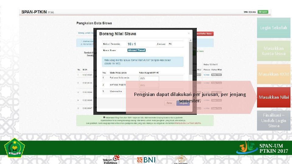 Login Sekolah Masukkan Kuota Siswa Masukkan KKM Pengisian dapat dilakukan per jurusan, per jenjang